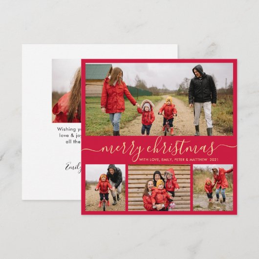 Elegant Script Red Gold Photo Collage Kerstmis Feestdagenkaart (Voorkant / Achterkant)