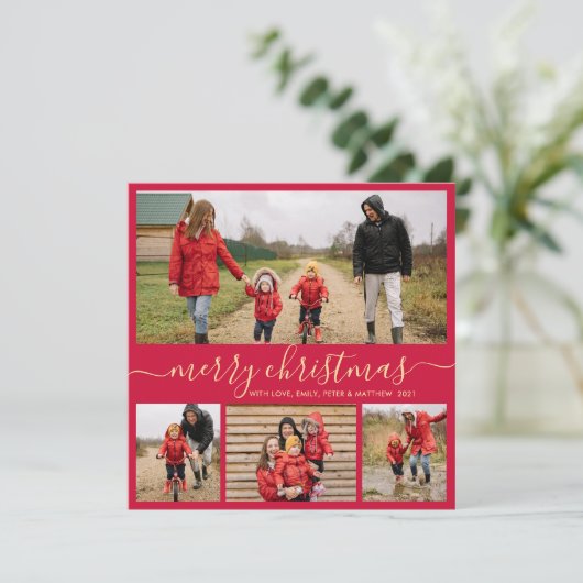 Elegant Script Red Gold Photo Collage Kerstmis Feestdagenkaart (Staand voorkant)