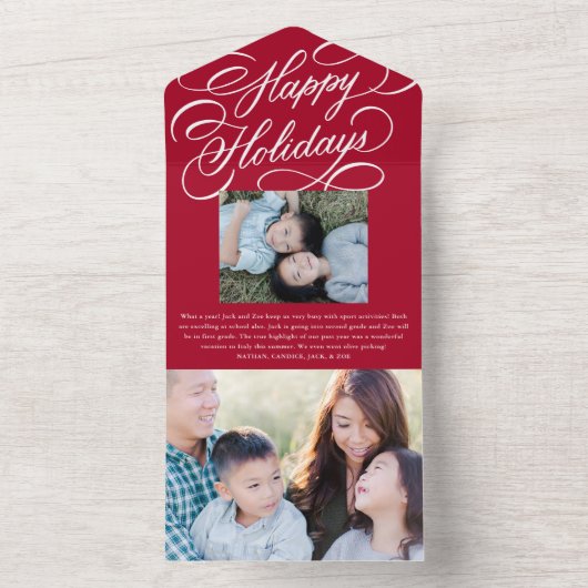 Elegant Script Red Happy Holiday fotokaart All In One Uitnodiging (Binnen)