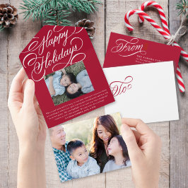 Elegant Script Red Happy Holiday fotokaart All In One Uitnodiging