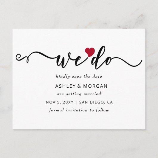 Elegant Script Red Heart we opslaan datum Aankondigingskaart (Voorkant)