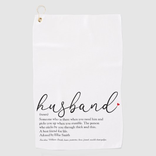 Elegant Script Red Love Heart Husband Definition  Golfhanddoek (Voorkant)