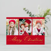 Elegant Script Red Merry Kerstry 3 Foto Folie Feestdagenkaart (Staand Voorkant)