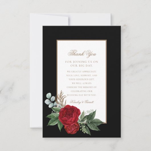 Elegant Script Red Peonies Black & Gold Bedankkaart (Voorkant)