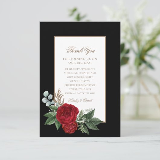 Elegant Script Red Peonies Black & Gold Bedankkaart (Staand voorkant)