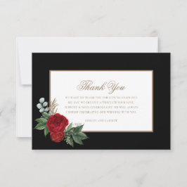 Elegant Script Red Peonies Black & Gold Bedankkaart
