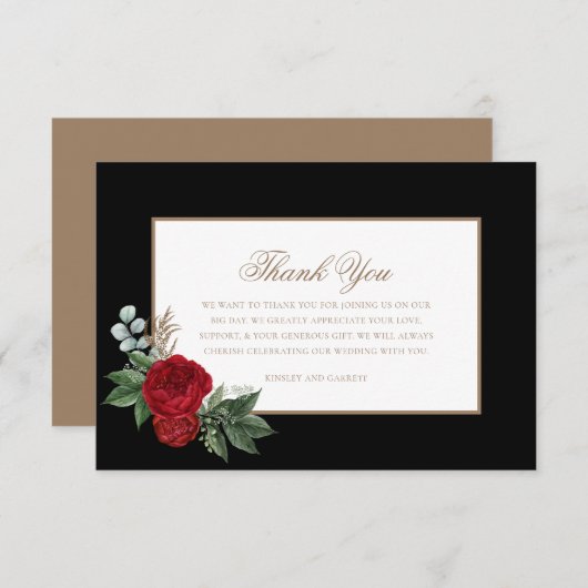Elegant Script Red Peonies Black & Gold Bedankkaart (Voorkant / Achterkant)
