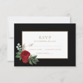 Elegant Script Red Peonies Black & Gold RSVP (Voorkant)