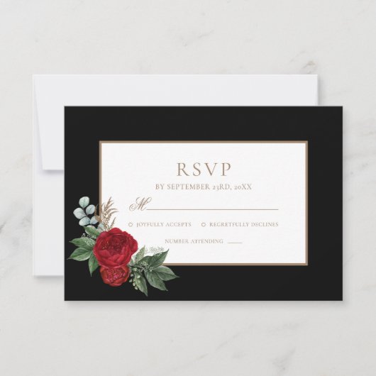 Elegant Script Red Peonies Black & Gold RSVP (Voorkant)