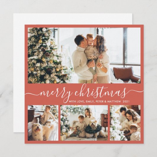 Elegant Script Red Photo Collage kerstkaart (Voorkant / Achterkant)