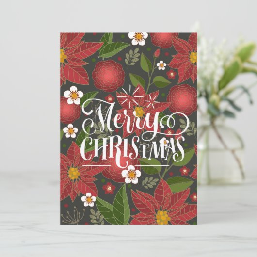 Elegant Script Red Poinsettia Floral Chic Business Feestdagenkaart (Staand voorkant)
