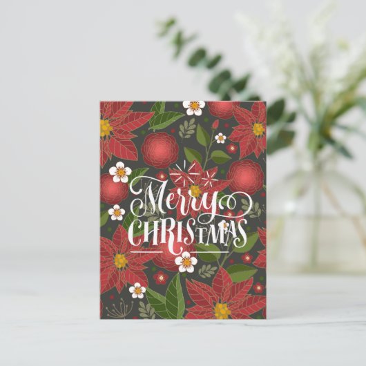 Elegant Script Red Poinsettia Floral Chic Business Feestdagenkaart (Staand voorkant)