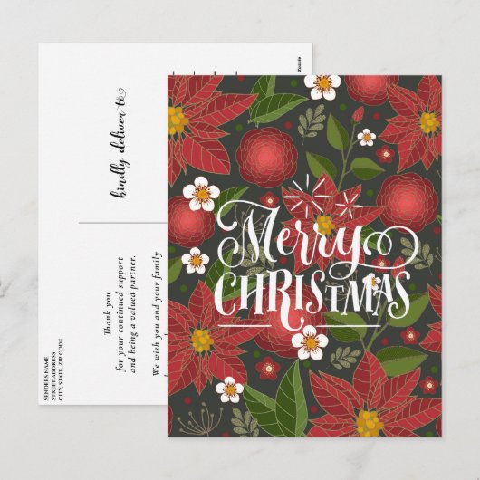 Elegant Script Red Poinsettia Floral Chic Business Feestdagenkaart (Voorkant / Achterkant)