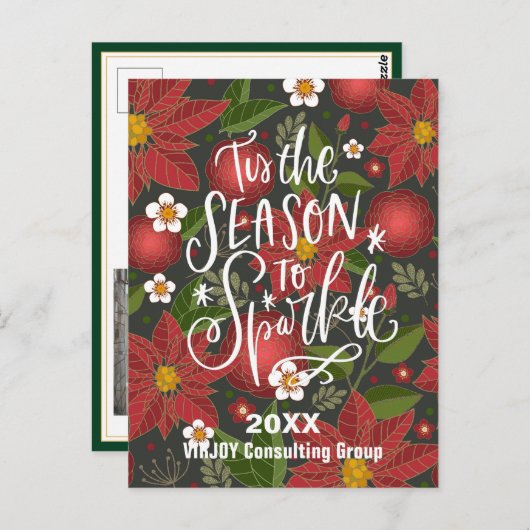 Elegant Script Red Poinsettia Green Photo Business Briefkaart (Voorkant / Achterkant)