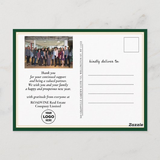 Elegant Script Red Poinsettia Green Photo Business Briefkaart (Achterkant)