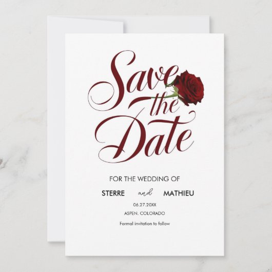 Elegant Script Red Rose bruiloft Save The Date (Voorkant)