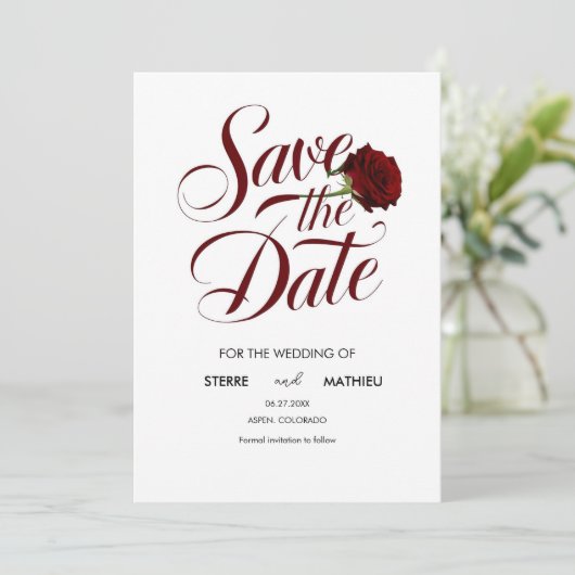 Elegant Script Red Rose bruiloft Save The Date (Staand voorkant)