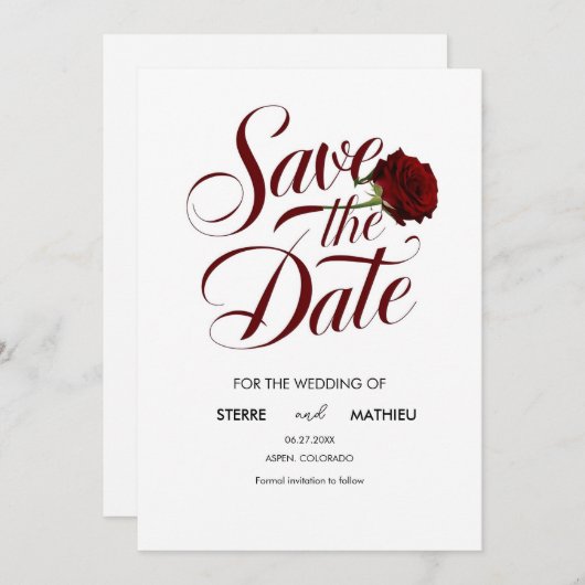 Elegant Script Red Rose bruiloft Save The Date (Voorkant / Achterkant)