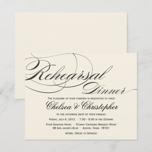 Elegant Script Rehearings Dinner - Zwart/Off White Kaart (Voorkant / Achterkant)