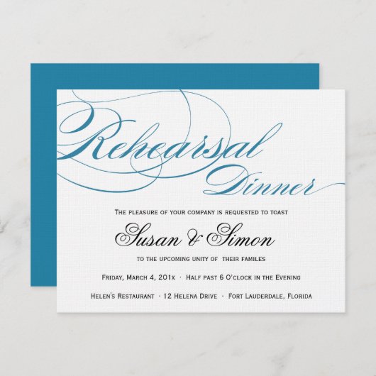 Elegant Script Rehearsal Dinner Invitation Blue Kaart (Voorkant / Achterkant)