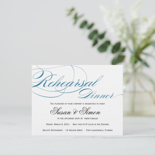 Elegant Script Rehearsal Dinner Invitation Blue Kaart (Staand voorkant)
