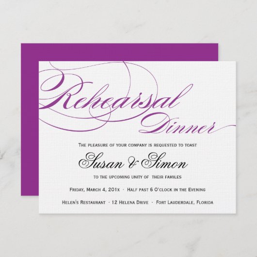 Elegant Script Rehearsal Dinner Invitation Paars Kaart (Voorkant / Achterkant)