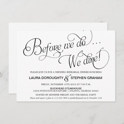 Elegant Script Rehearsal Dinner Invitation White Kaart (Voorkant / Achterkant)
