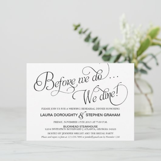 Elegant Script Rehearsal Dinner Invitation White Kaart (Staand voorkant)