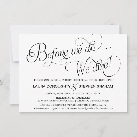 Elegant Script Rehearsal Dinner Invitation White Kaart (Voorkant)