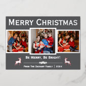 Elegant Script Rendier Kerstfamilie 3 Foto Folie Feestdagenkaart (Voorkant)