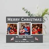 Elegant Script Rendier Kerstfamilie 3 Foto Folie Feestdagenkaart (Staand Voorkant)