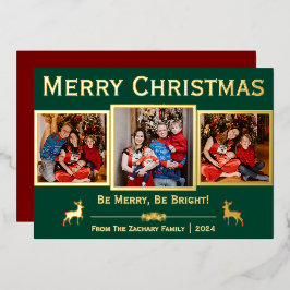 Elegant Script Rendier Kerstfamilie 3 Foto Folie Feestdagenkaart