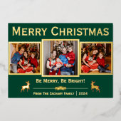 Elegant Script Rendier Kerstfamilie 3 Foto Folie Feestdagenkaart (Voorkant)