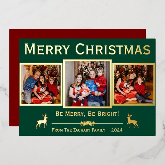 Elegant Script Rendier Kerstfamilie 3 Foto Folie Feestdagenkaart (Voorkant / Achterkant)