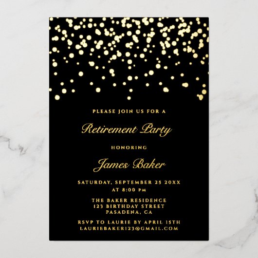 Elegant Script Retirement Party Black & Gold Folie Uitnodiging (Voorkant)