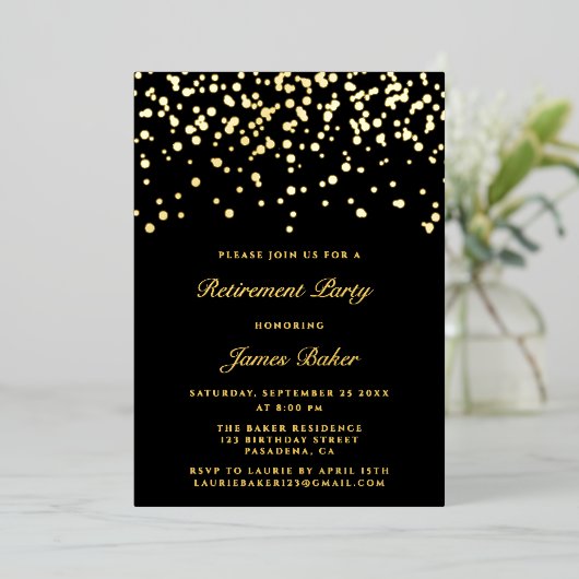 Elegant Script Retirement Party Black & Gold Folie Uitnodiging (Staand Voorkant)