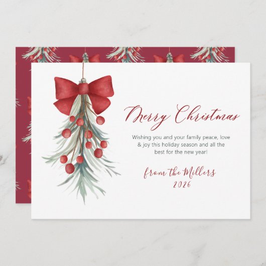 Elegant script rode bessen groen Kerstmis Feestdagenkaart (Voorkant / Achterkant)