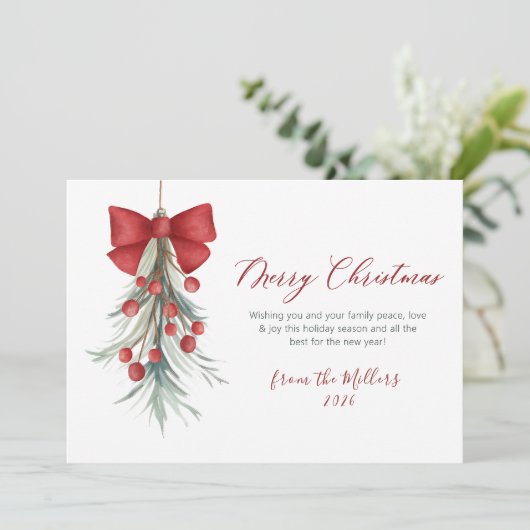 Elegant script rode bessen groen Kerstmis Feestdagenkaart (Staand voorkant)