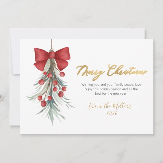 Elegant script rode bessen groen Kerstmis Feestdagenkaart (Voorkant)