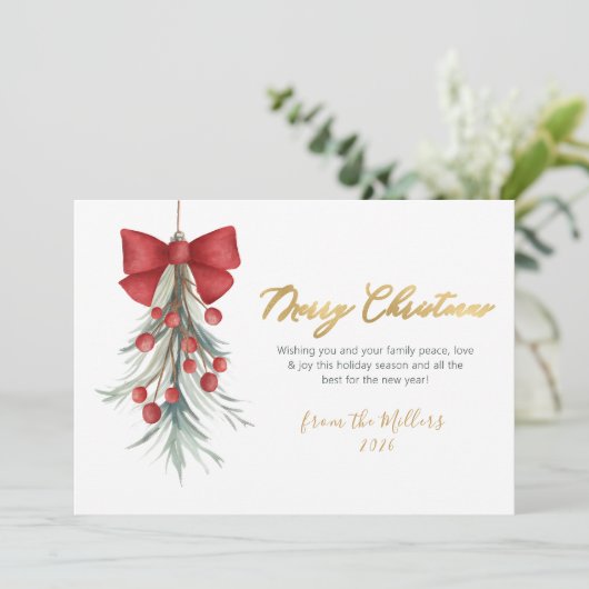 Elegant script rode bessen groen Kerstmis Feestdagenkaart (Staand voorkant)