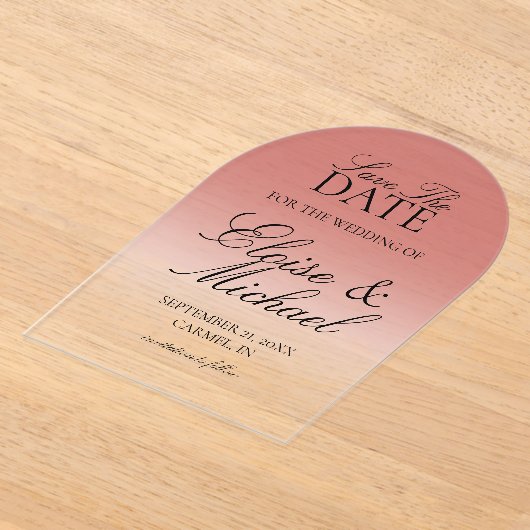 Elegant script rode bruiloft gradiënt Sla de datum Acryl Uitnodigingen (Laagn)
