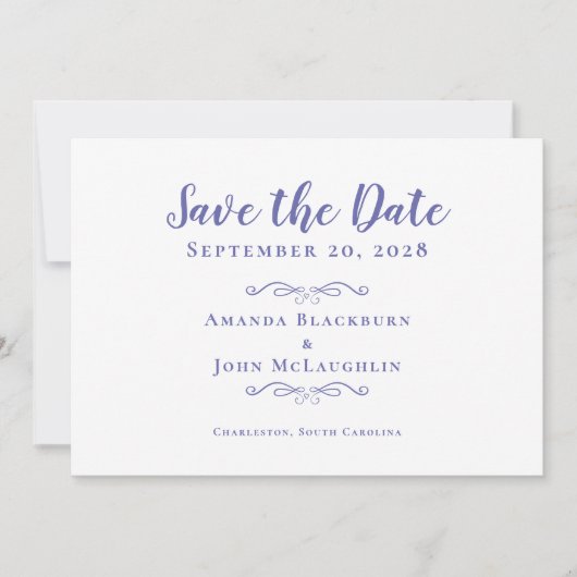 Elegant Script Romantic Calligraphy Periwinkle Save The Date (Voorkant)