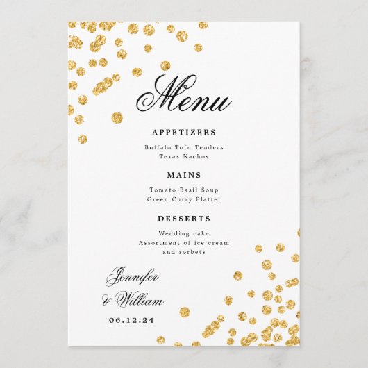 Elegant Script Romantisch Trouwfeest Confetti Goud Menu (Voorkant)