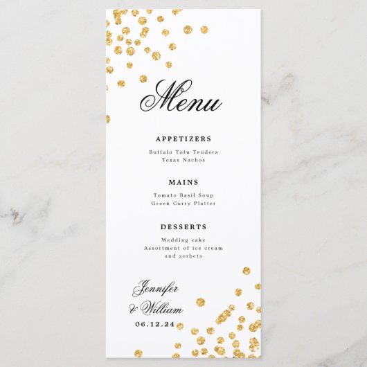 Elegant script Romantische bruiloft Confetti Gold Menu (Voorkant)