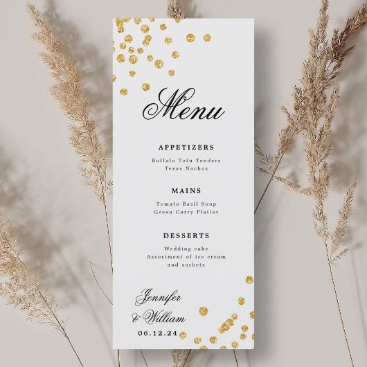 Elegant script Romantische bruiloft Confetti Gold Menu