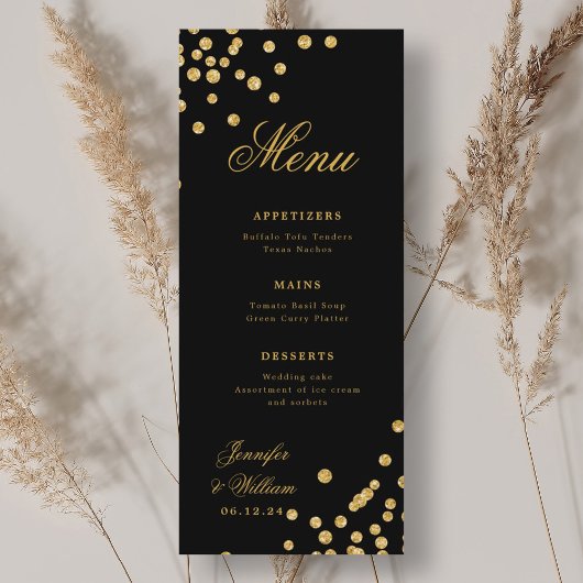 Elegant script Romantische bruiloft Confetti Gold  Menu