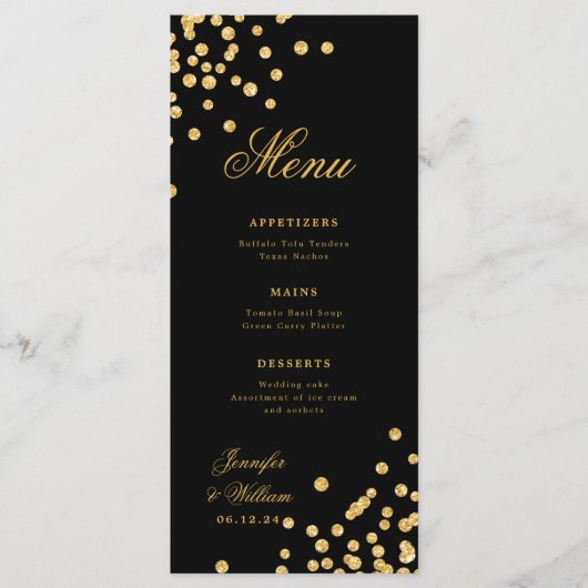 Elegant script Romantische bruiloft Confetti Gold Menu (Voorkant)