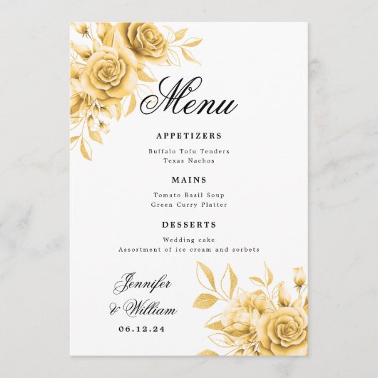 Elegant script Romantische bruiloft gouden bloem Menu (Voorkant)