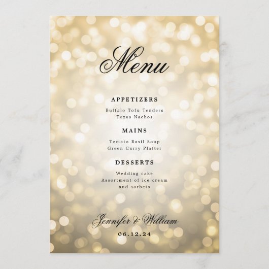Elegant script Romantische bruiloft gouden bokeh l Menu (Voorkant)