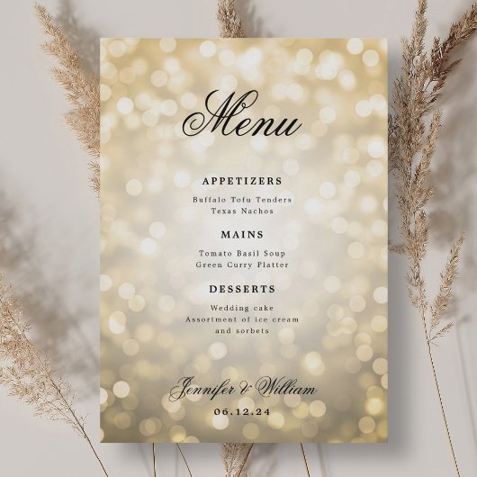 Elegant script Romantische bruiloft gouden bokeh l Menu